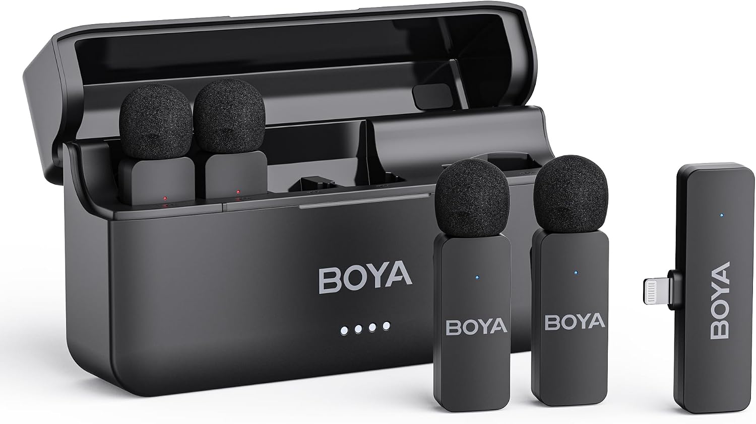 BOYA BY-V4D Wireless Lavalier Microphone for iPhone iPad with Charging case, 18H Battery Life, 650ft Range, 4-Channel Omnidirectional Noise Canceling Lapel Mics for Video Recording Interview Vlog