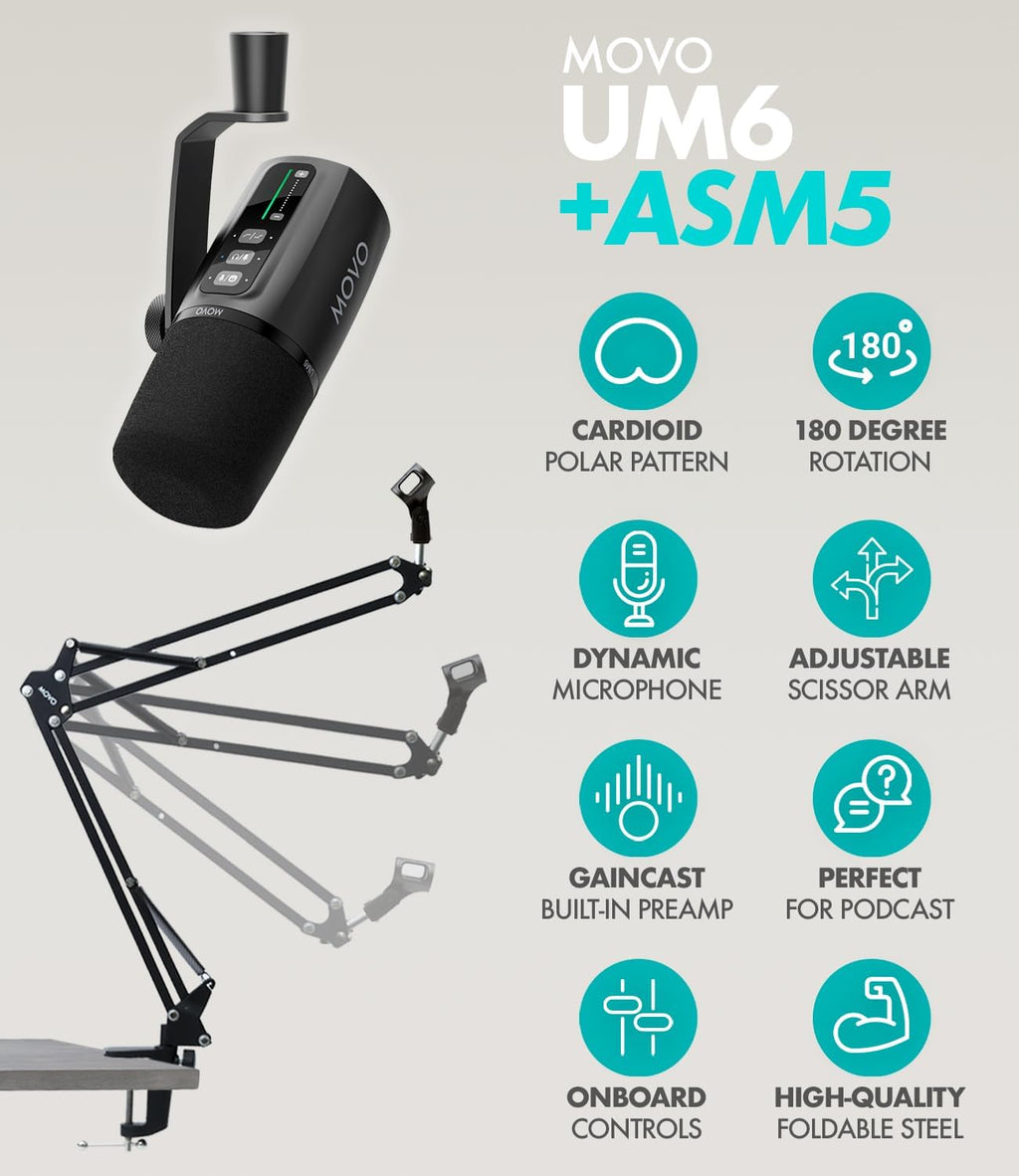 Movo Pro Portable Podcast Equipment Bundle for iPhone/Android Phones- Podcast Kit with Audio Interface, 2 UM6 Dynamic Mics, 2 Headphones, 2 Boom Arms - for Smartphones, Computers, PC, Mac