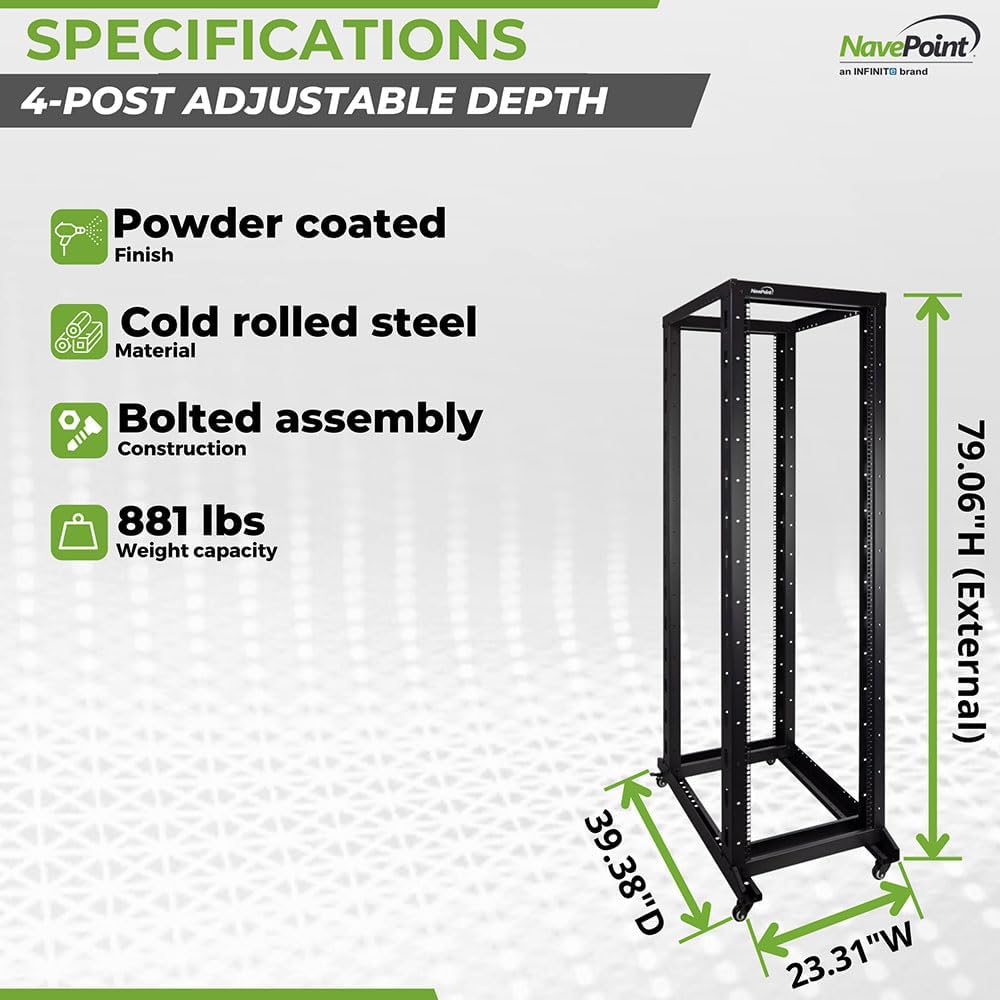 NavePoint 42U Server Rack, 4-Post Open Frame Rack for 19' Networking Equipment, 1000mm, Stationary/Casters, Black Steel, Max Weight Capacity 881 Lbs