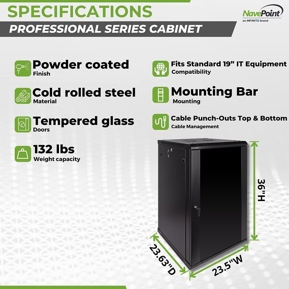 Navepoint 18U Deluxe IT Wallmount Cabinet Enclosure 19-Inch Server Network Rack with Locking Glass Door 24-Inches Deep Black