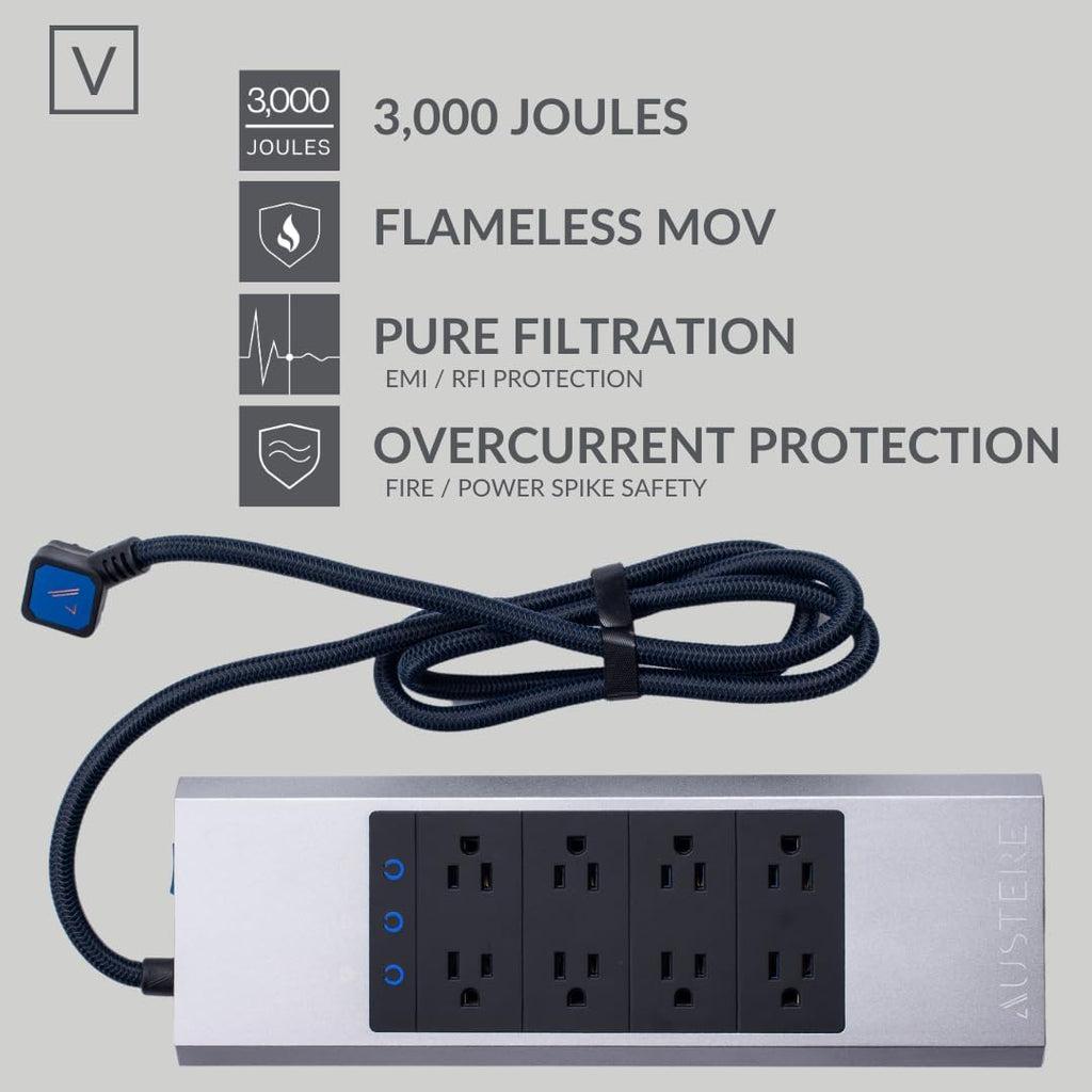 Austere V Series, 8 Outlet Surge Protector Power Strip, 3000 Joules, EMI/RFI Filtering, 3 USB-C and 2 USB-A 2.4 amp Ports, LED Indicators, Overcurrent Protection, 5 Year Component Guarantee