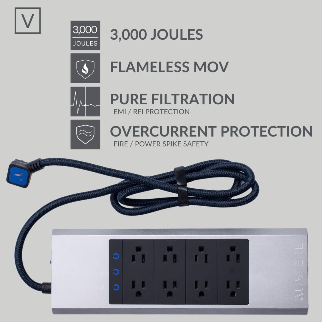 Austere V Series, 8 Outlet Surge Protector Power Strip, 3000 Joules, EMI/RFI Filtering, 3 USB-C and 2 USB-A 2.4 amp Ports, LED Indicators, Overcurrent Protection, 5 Year Component Guarantee
