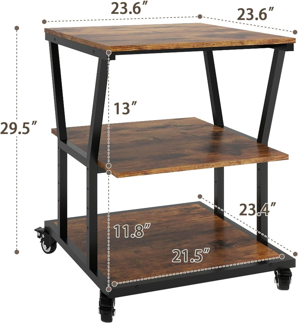 Natwind 3-Tier Large Printer Stand,23.6'x23.6'x29.5' Heavy-Duty Printer Table Cart with Paper Storage Shelf & Wheels,Ideal for Home Office Laser Printers, Copiers (Retro)