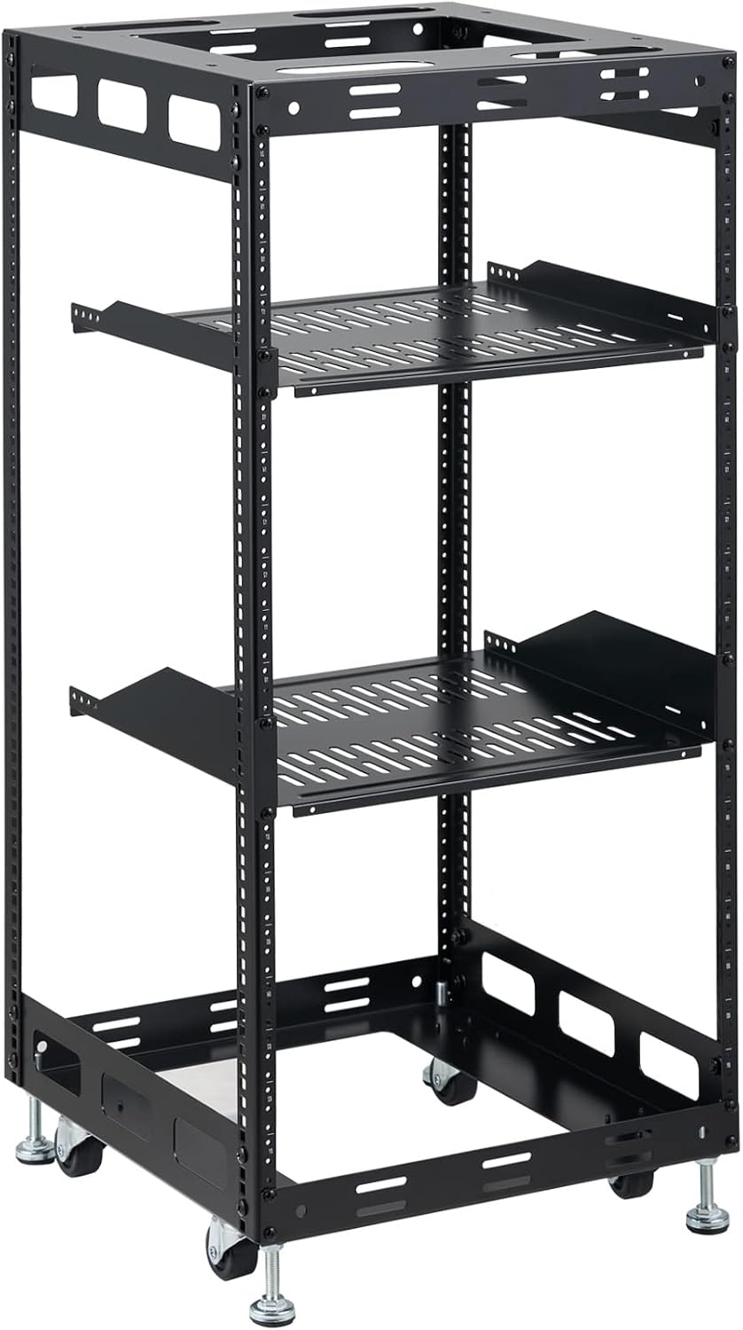 20U Open Frame Rack for Servers & AV Gear - Wall Mountable Design Includes 2X Vented Shelves, 4X Leveling Feet, 4X Casters