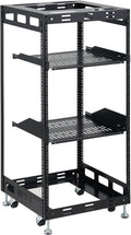 20U Open Frame Rack for Servers & AV Gear - Wall Mountable Design Includes 2X Vented Shelves, 4X Leveling Feet, 4X Casters
