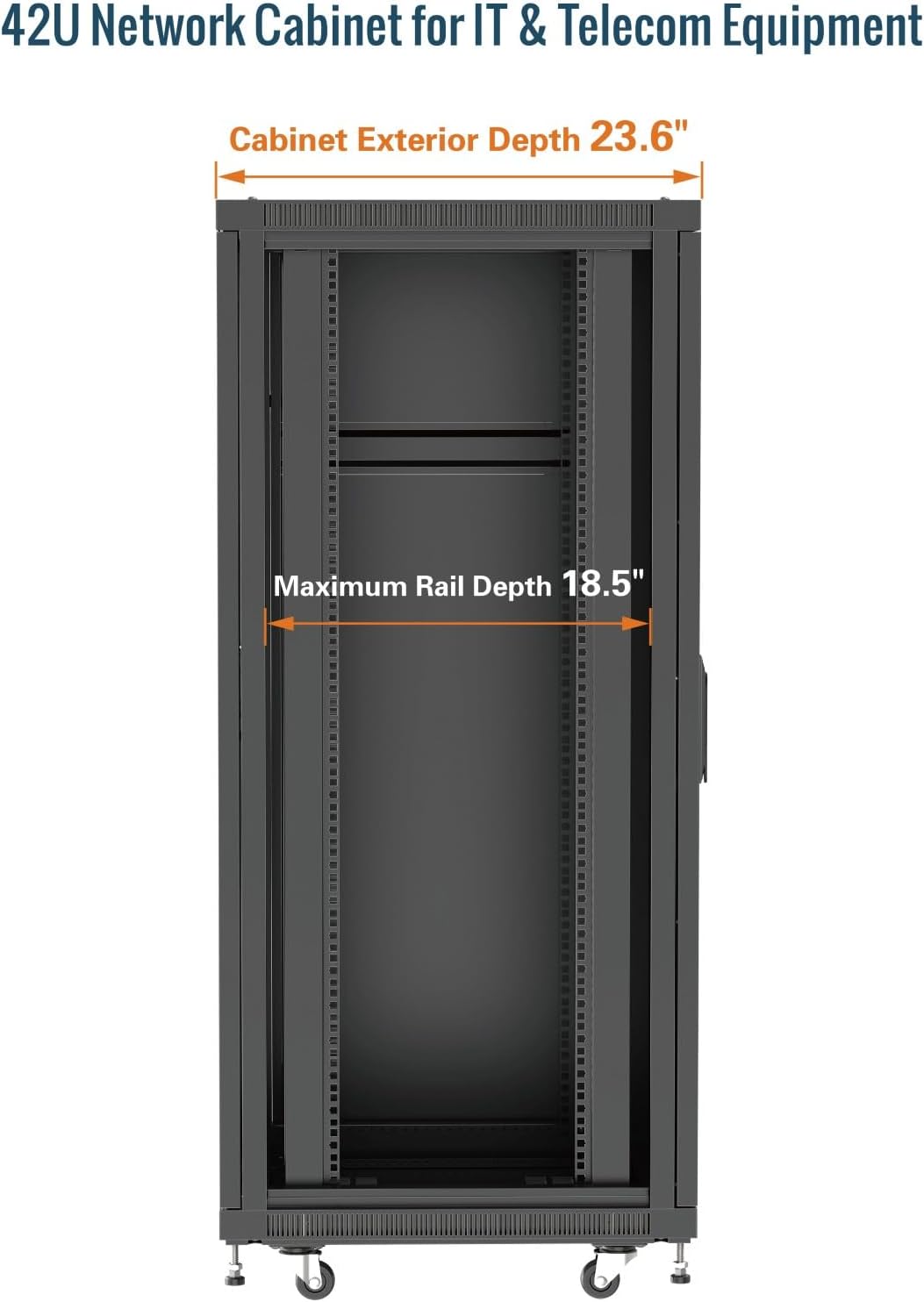 Tecmojo 42U Server Rack Network Cabinet 23.6' D x 23.6' W, Locking Data Cabinet Enclosure for 19' Server, Networking, AV & IT Equipment, Clear Door, Black