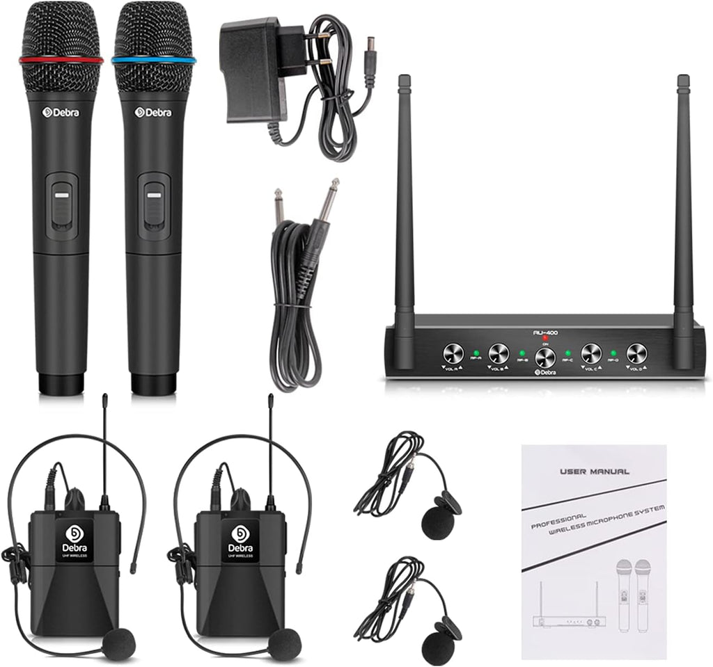 Debra Audio Pro UHF 4 Channel Wireless Microphone System with Cordless Handheld Lavalier Headset Mics, Metal Receiver, Ideal for Karaoke Church Party (with 2 Handheld & 2 Bodypack (B))