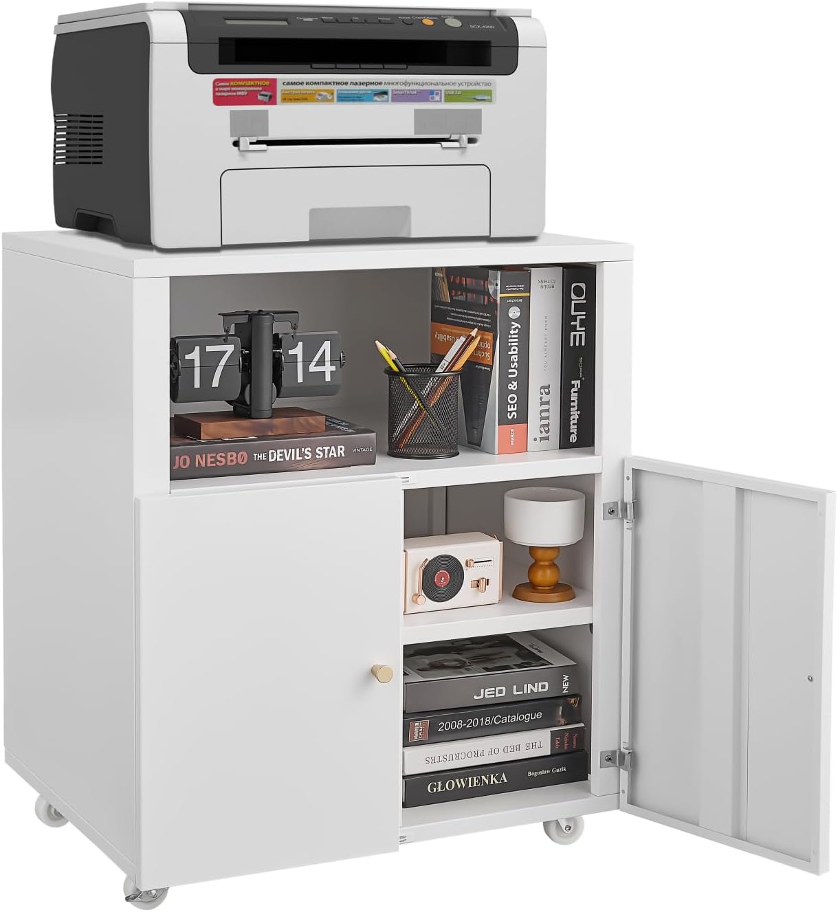 Metal Printer Stand with Storage, Heavy Duty Rolling Printer Cabinet with Doors and Adjustable Shelves, Large Printer Table Stand with Wheels for Office Copier Fax, White