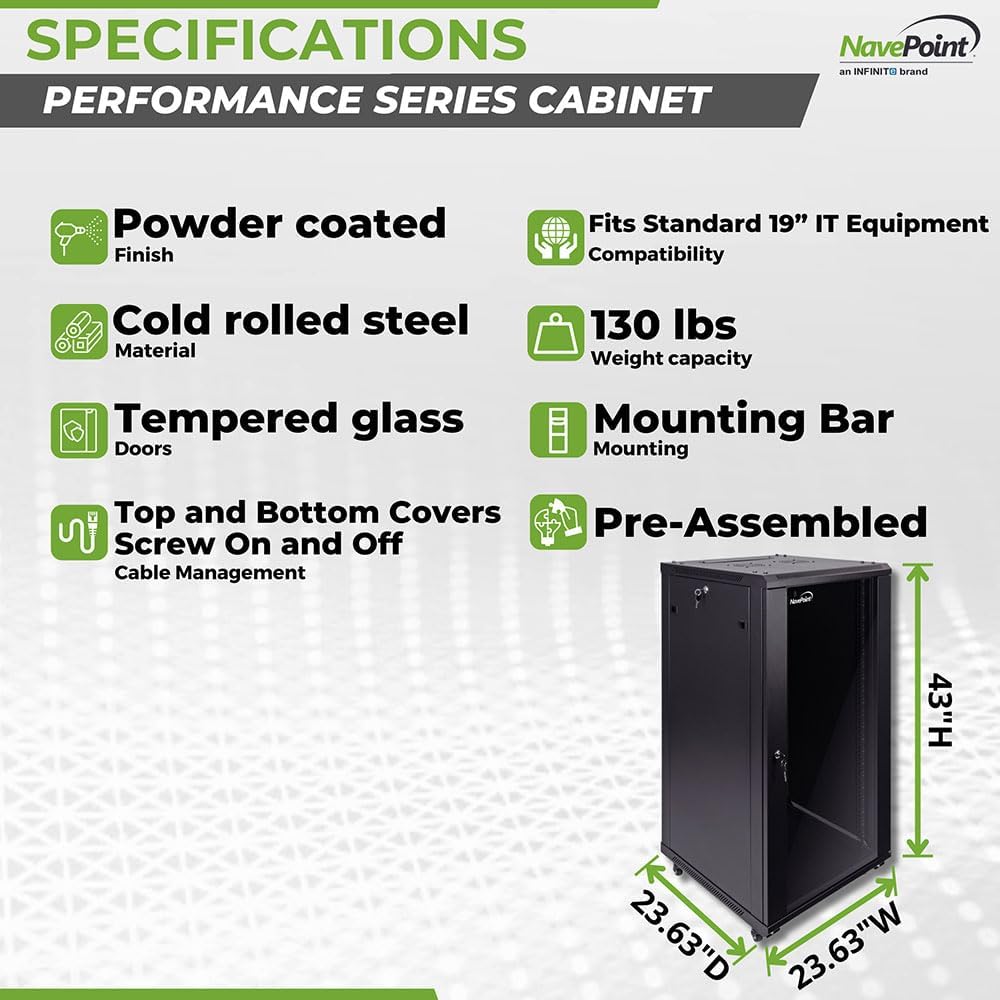 NavePoint 22U Server Cabinet Wall Mount Rack Enclosure with Caster Wheels, 2 Fans, Locking Glass Door, Removable Side Panels – 22U Network Cabinet 23.6' Deep, 19' Server Rack for A/V Equipment