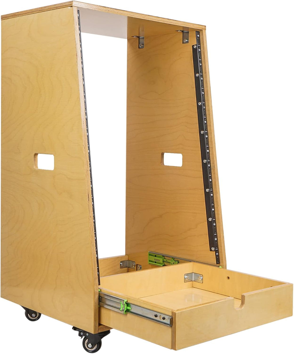 Sound Town 16U DIY Solid Baltic Birch Plywood Slanted Studio Rack with 16U Rack Space, Extra 2U Drawer, Rubber Feet, Casters, Golden Oak (SDRK-16TD2)
