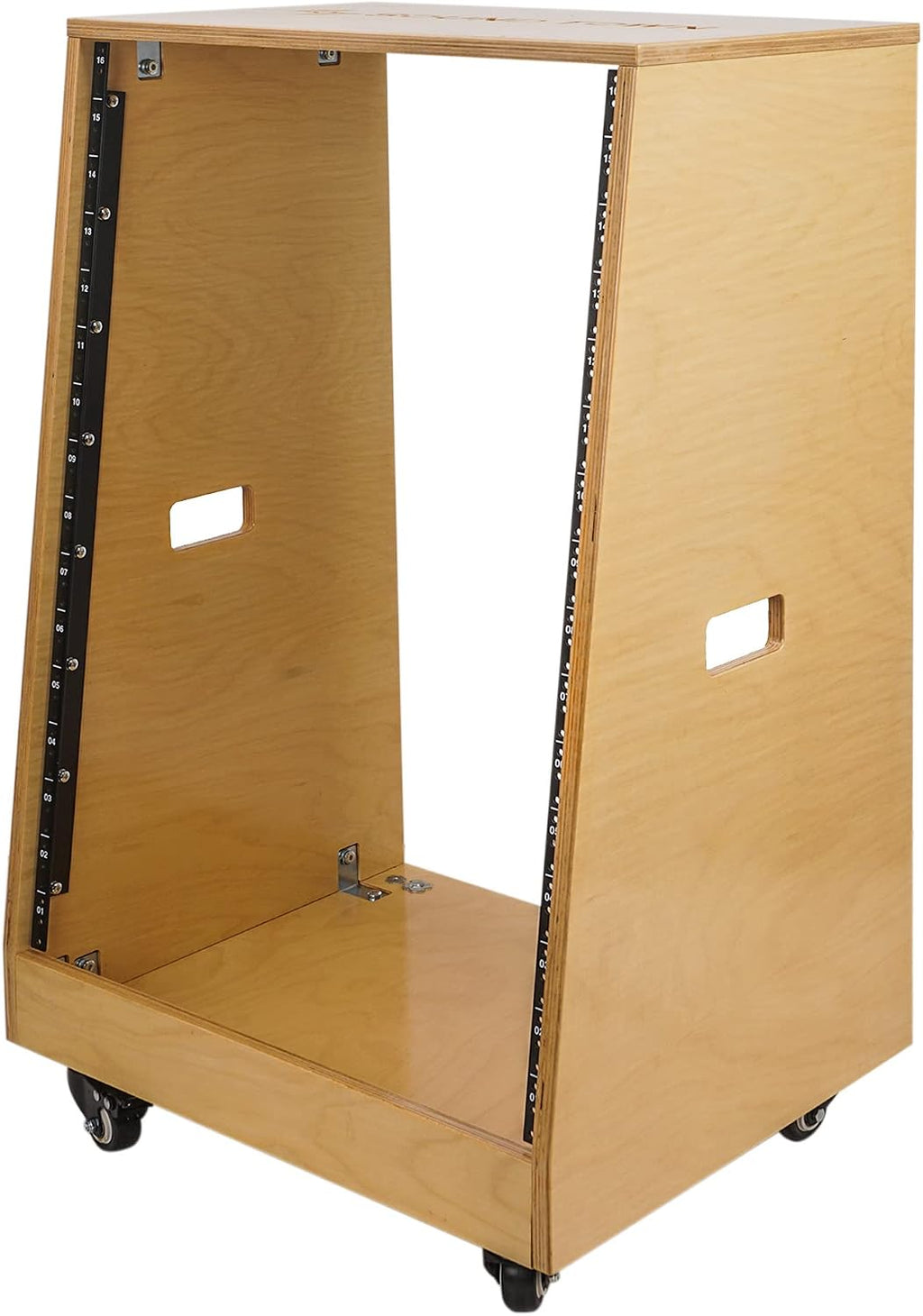 Sound Town DIY Solid Baltic Birch Plywood Slanted 16U Studio Rack, Golden Oak, Rubber Feet, Casters (SDRK-16T)