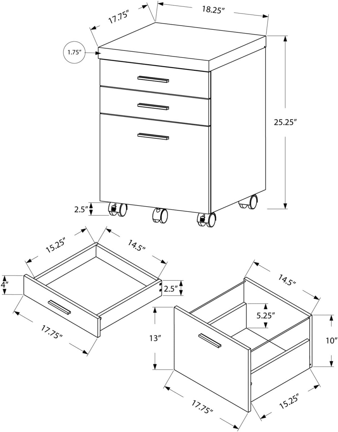Monarch Specialties I 7401 File Cabinet, Rolling Mobile, Storage Drawers, Printer Stand, Office, Work, Laminate, Grey, Contemporary, Modern