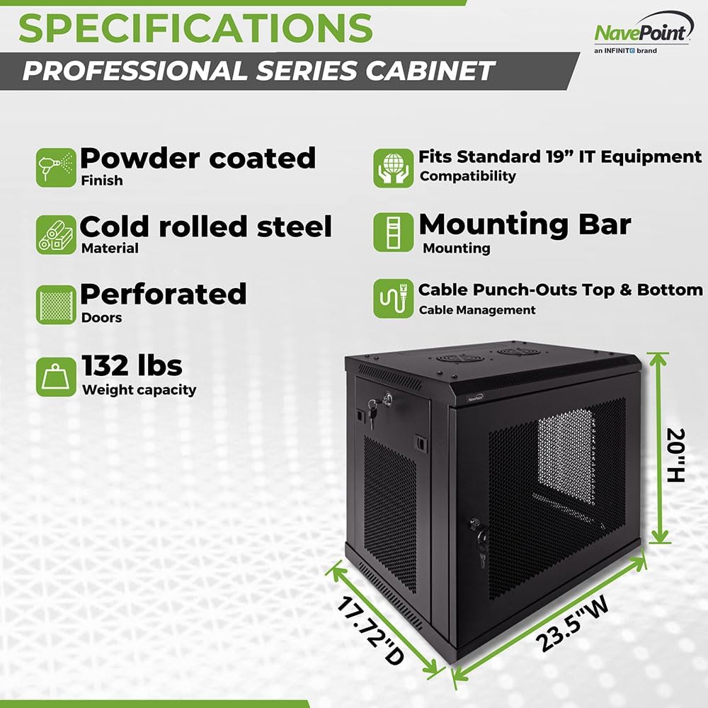 NavePoint 9U Server Rack Enclosure - 17.7' Deep, Wall Mount Network Cabinet with Locking Perforated Door, 19' IT Equipment Compatible, Removable Side Panels, Black