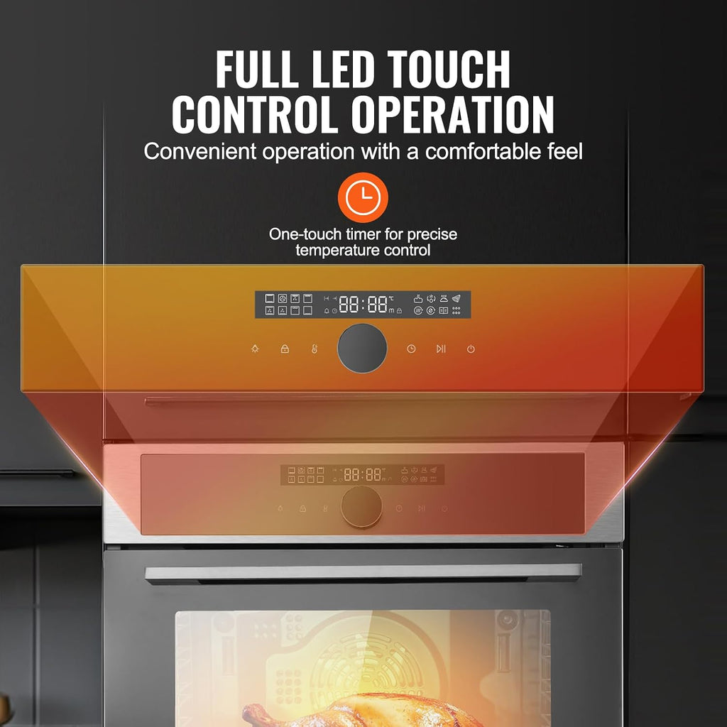 VEVOR Single Wall Oven, 24' Electric Built-in Wall Oven with 16 Cooking Functions, 2.68 Cu.Ft Electric Wall Ovens with Timer, 3150W 76L Large Capacity Ovens with Baking Rack and Tray, for Kitchen