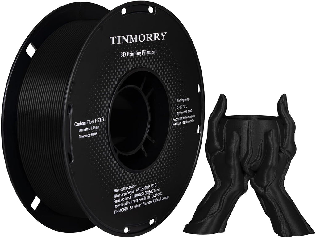 10 Rolls Carbon Fiber PETG Filament 1.75 mm, TINMORRY PETG CF 3D Printer Filament, Compatible with Bambu LAB, Creality K1C, QIDI MAX3, FLASHFORGE Adventurer 5M, Prusa MK4 FDM 3D Printer, 10 KG, Black