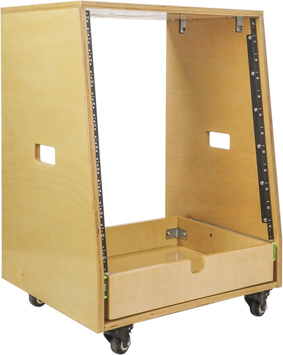 Sound Town 12U DIY Solid Baltic Birch Plywood Slanted Studio Rack with 12U Rack Space, Extra 2U Drawer, Rubber Feet, Casters, Golden Oak (SDRK-12TD2)