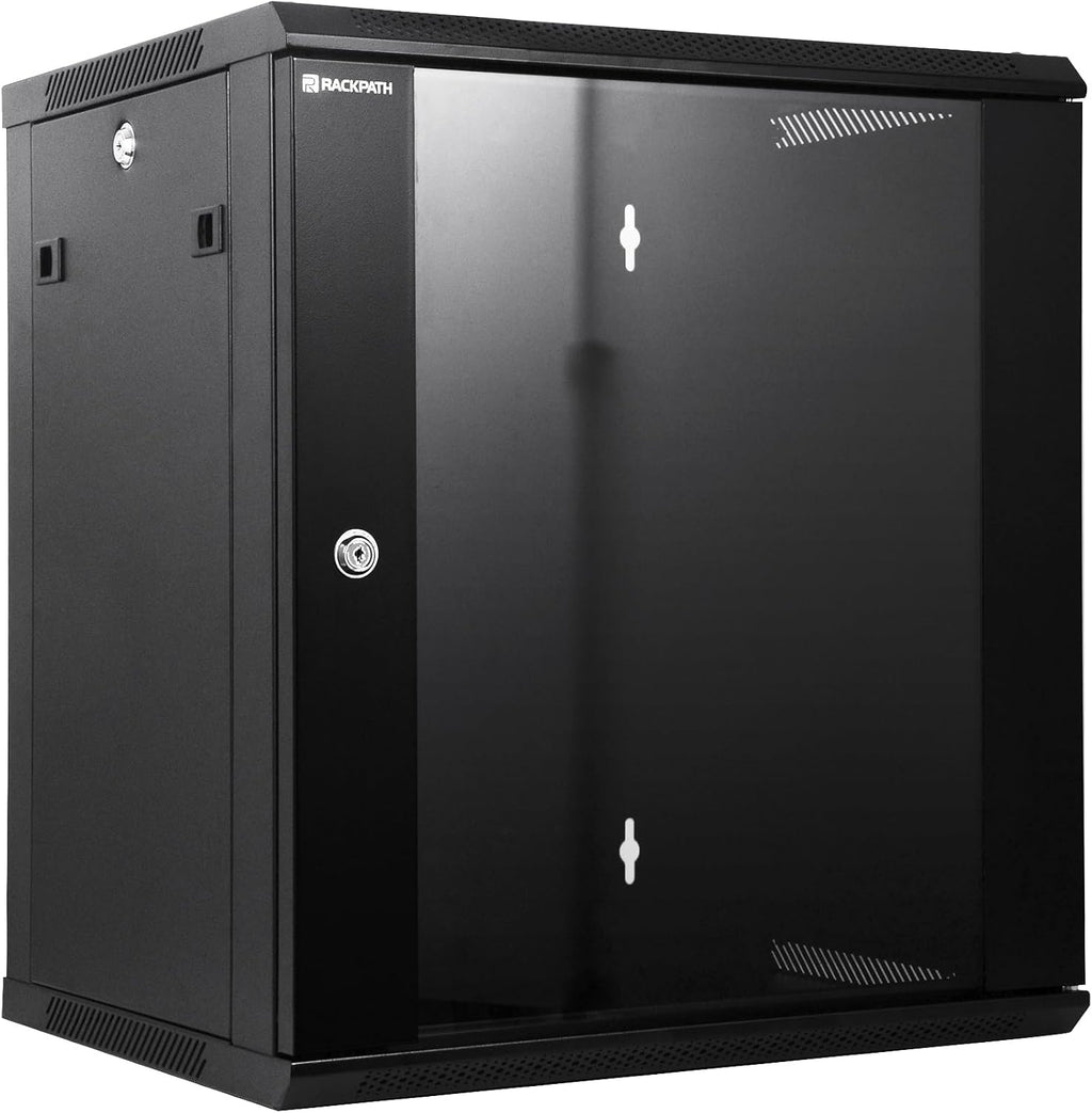 RackPath 12U Wall Mount Network Rack Cabinet – Quiet Cooling Fan, Locking Glass Door, 17.7' Deep (450mm), Removable Locking Side Panels, Fits 19' IT & A/V Equipment