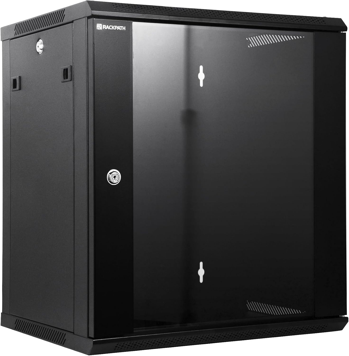 RackPath 12U Wall Mount Network Rack Cabinet – Quiet Cooling Fan, Locking Glass Door, 17.7' Deep (450mm), Removable Locking Side Panels, Fits 19' IT & A/V Equipment
