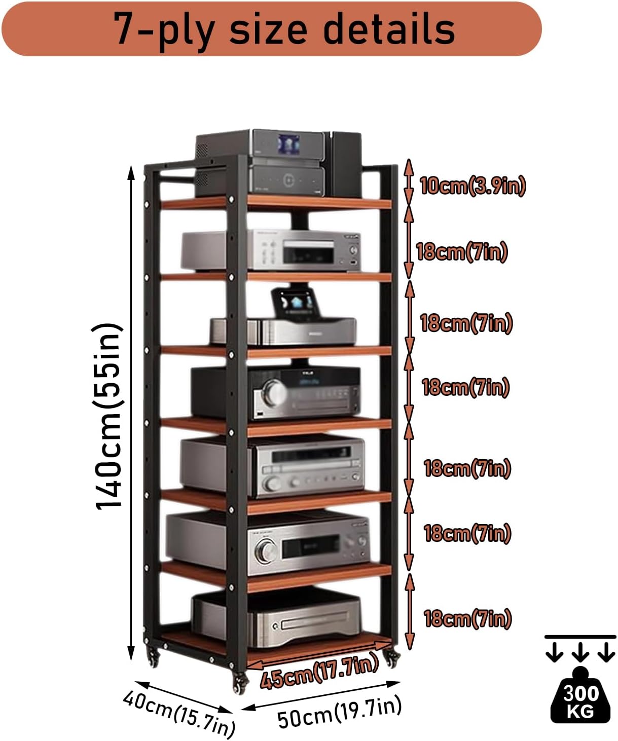 7 Tier Audio Rack Tower, CD Record Player Stereo Receiver AV Equipment Cabinet Display Rack, Weight Capacity 661 lbs, with Adjustable Wooden Shelves for Home (7 Tier Teakwood)