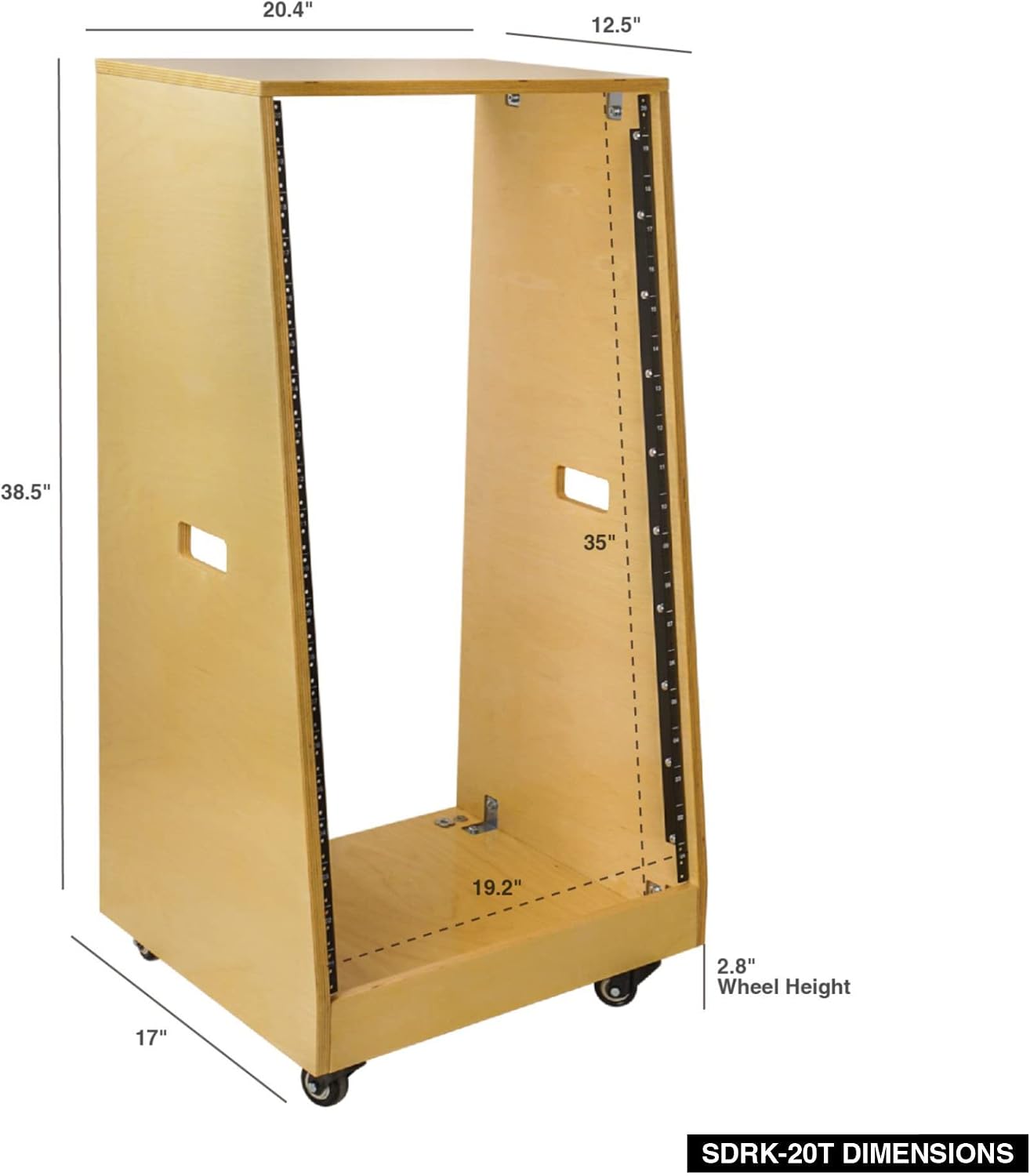 Sound Town DIY Solid Baltic Birch Plywood Slanted 20U Studio Rack, Golden Oak, with Rubber Feet, Casters (SDRK-20T)