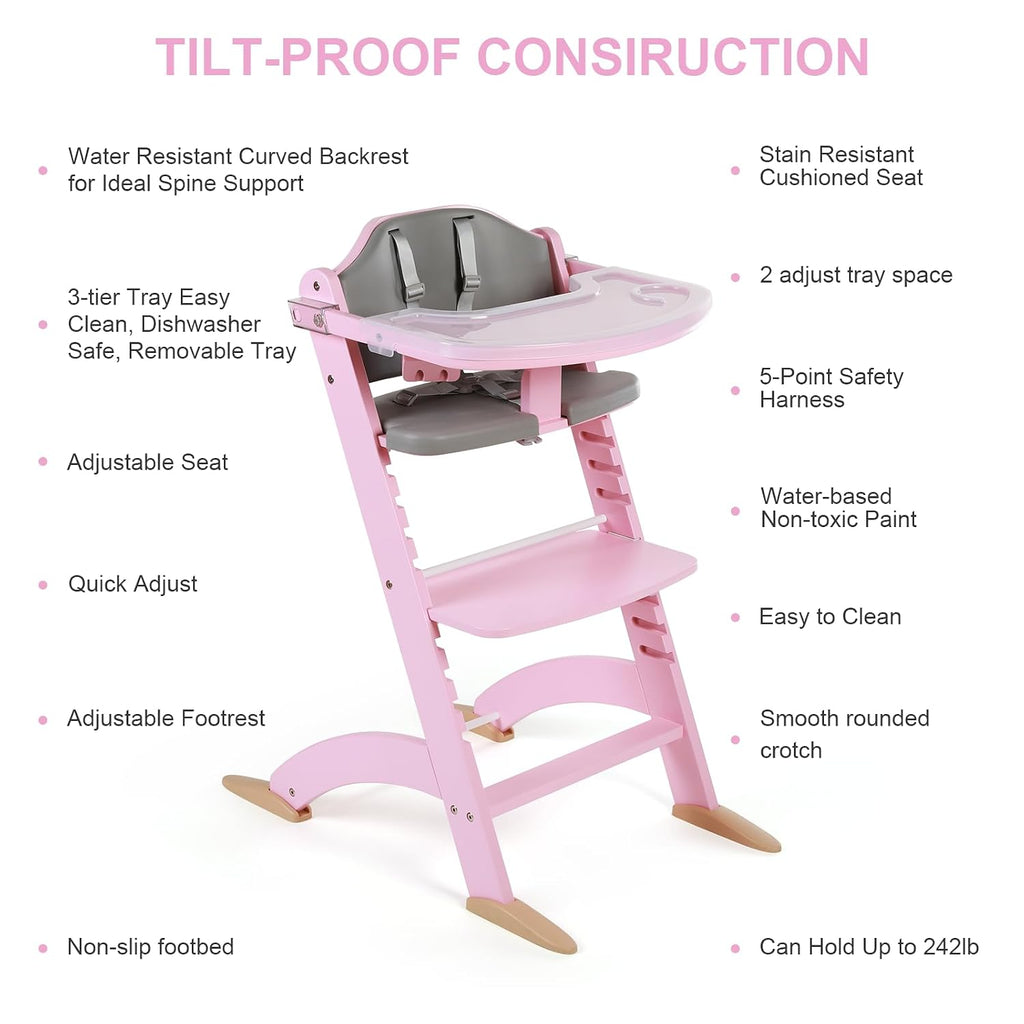 Cowiewie New Upgrade 3-in-1 Convertible Wooden High Chair for Babies & Toddlers 10 Levels Adjustable 3-Tier Remove 2 Waterproof Cozy Cushions Pink