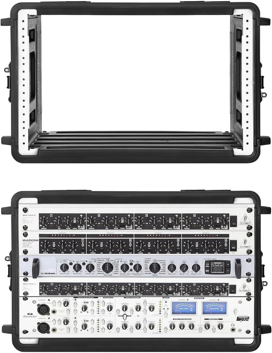 6U Rack Case Shallow 17' Depth, 19' Rackmount Flight Cases Easy Installation Portable Carry Watertight Dust Proof 2 Space Shockproof Mount Racks with Microphone Compartments Space Saving
