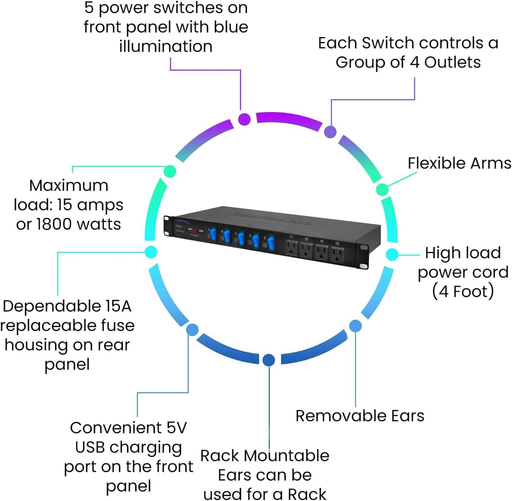 Power Strip Surge Protector, 19-Inch Rack Mount, 20 Outlets – 16 Rear 120V 3-Prong Sockets, 4 Front AC Outlets, 3 USB Ports, 5V Charging, Ideal for Home, Office & Server Rack by Technical Pro