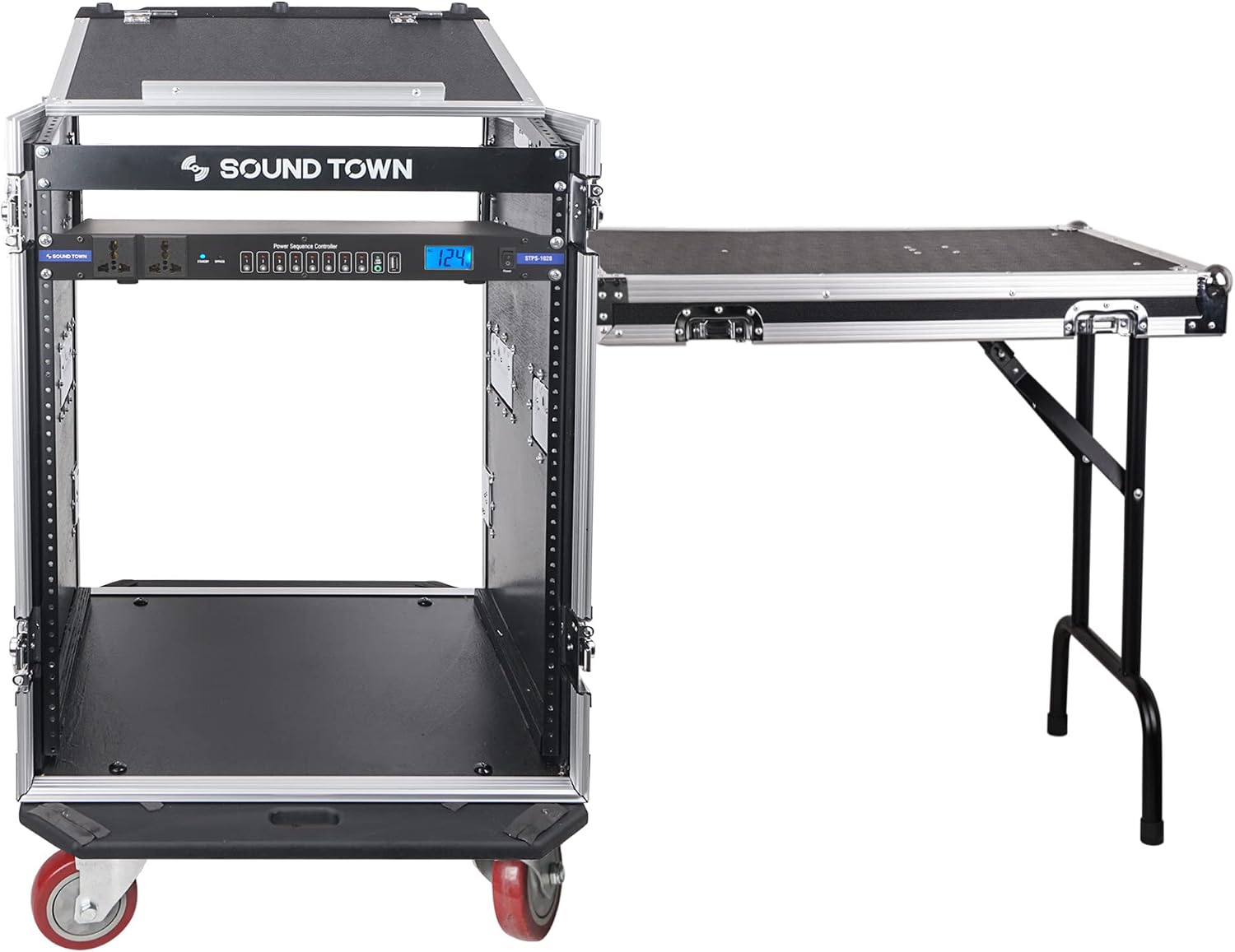 Sound Town PA DJ Combo with Heavy-Duty 1/2' (12mm) Plywood 14U Rack/Road ATA Case w/Slant Mixer Top, DJ Work Table, One 10 Outlet AC Power Conditioner/Sequencer (STMR-14TPS10)