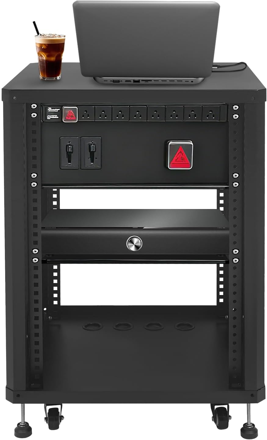15U Stereo & Studio Rack with Wheels Rolling Network Cabinet Open Frame Audio Component Rack Cabinet Recording Studio Racks with Lifting Handle for Video Music Recording & IT Equipment-Black