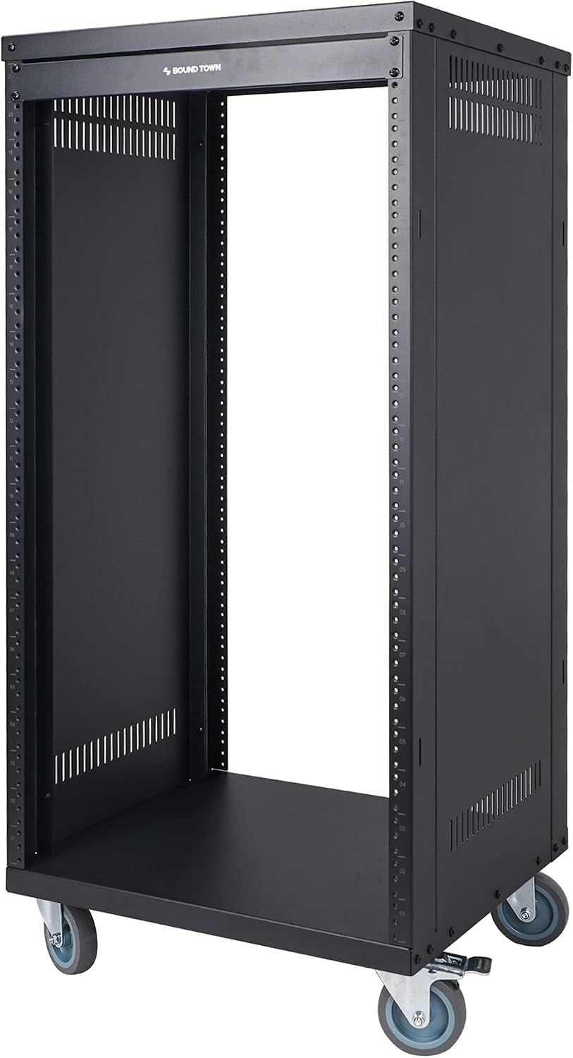 Sound Town 21U Universal Steel Rack, w/ 3' Locking Casters, Vented Side Panels for Audio Video, Server and Network Equipment (STRK-M21U)