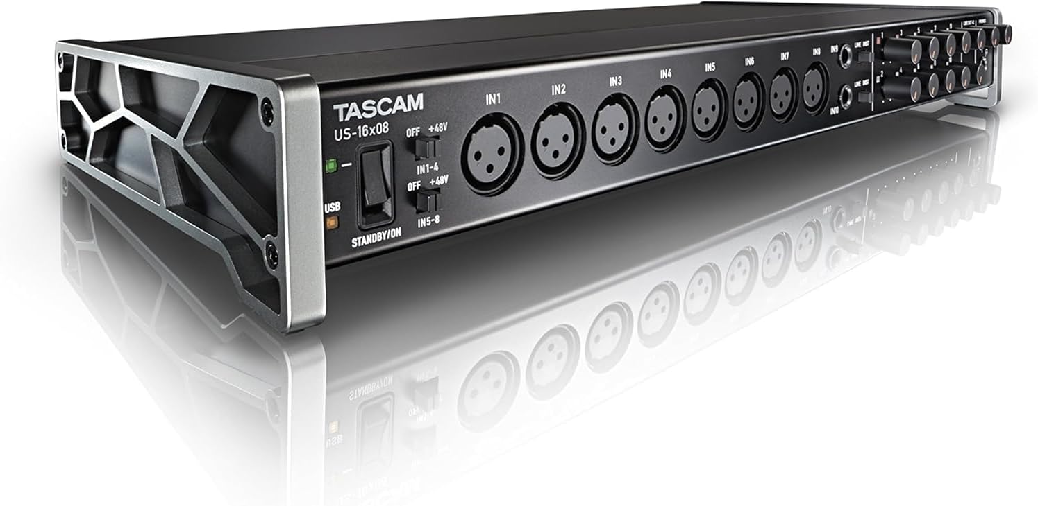 Tascam US-16x08 Rackmount USB Audio/MIDI Interface for Recording, Drum Recording, 8 XLR/8 1/4' Inputs, 8 Outputs, Control Software,Black