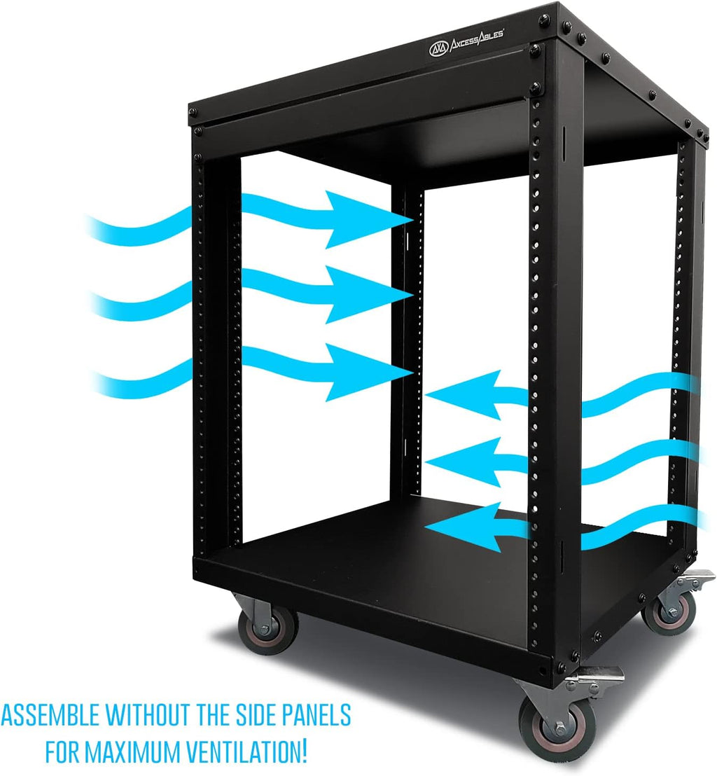 AxcessAbles 12U AV Equipment Rack | 19-Inch Steel Open Frame Home Studio Rack with 3' Caster Wheels | Universal Case for Studio, Server, Network Gear | 550lb Capacity | Screws, Spacer, Tool Included