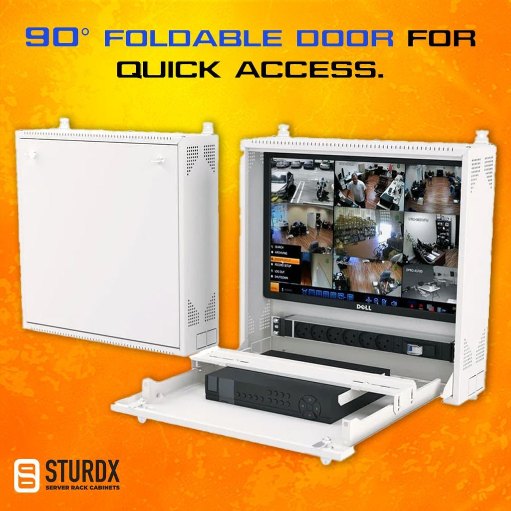 Wall-Mount DVR/NVR Security Enclosure, Lockable Steel Cabinet with 1U Adjustable Rail, Ventilated, 22″ W × 21.2″ H × 5.9″ D, Black (RAL 9005) – STURDX