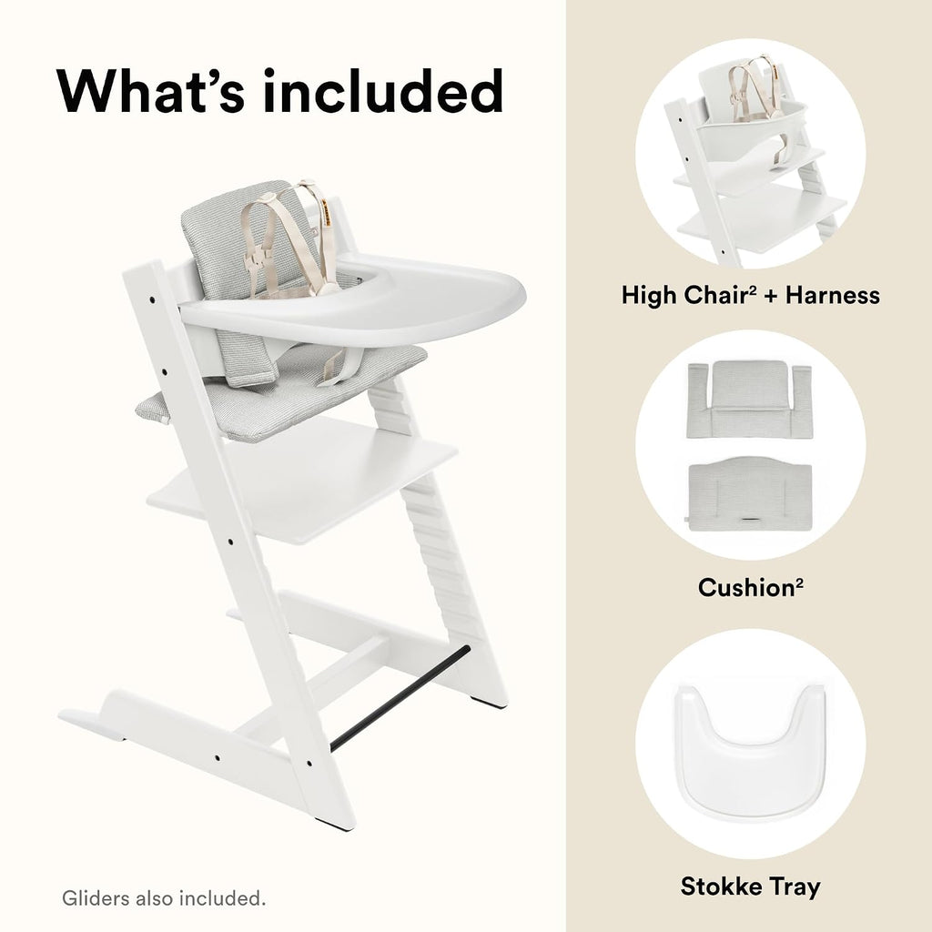 Stokke Tripp Trapp High Chair 2 (White), Cushion 2 (Nordic Grey) + Stokke Tray (White) - Includes Chair + Baby Set with Removable Harness for Children 6-36 Months
