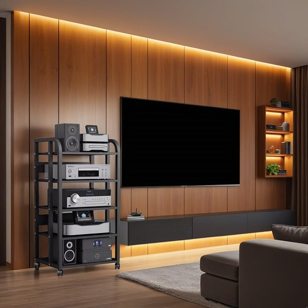5-Tier Av Media Stand with Wheels, Audio Tower Rack with Adjustable Shelves, Stereo Racks and Stands with Storage Shelves, Media Console for Home, Office, Theater, Black
