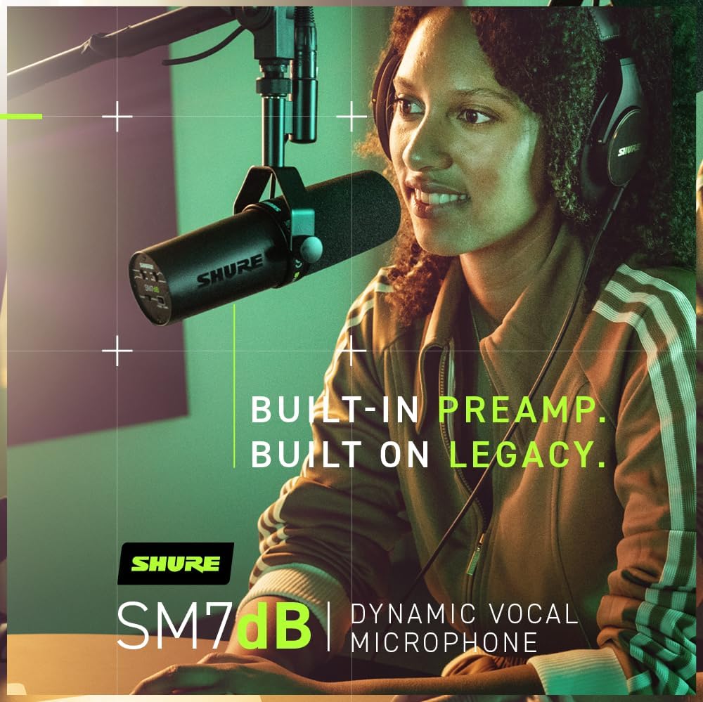 Shure SM7dB Dynamic Studio Microphone with Built-in Preamp – XLR Mic for Podcasting, Streaming & Vocal Recording, Wide Frequency Range, Smooth Warm Audio, Detachable Windscreen, Black