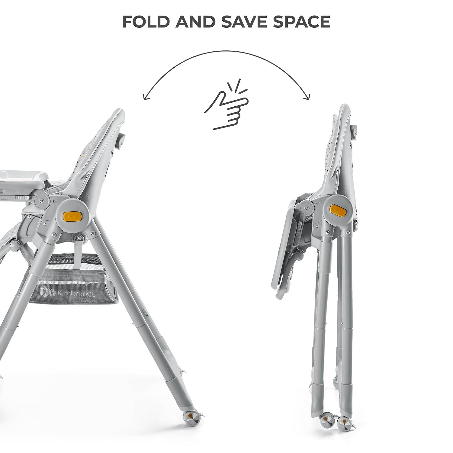 Kinderkraft LASTREE Foldable Baby High Chair for Babies and Toddlers with Reclining Function, Play Bar, Adjustable Tray and Footrest in Grey