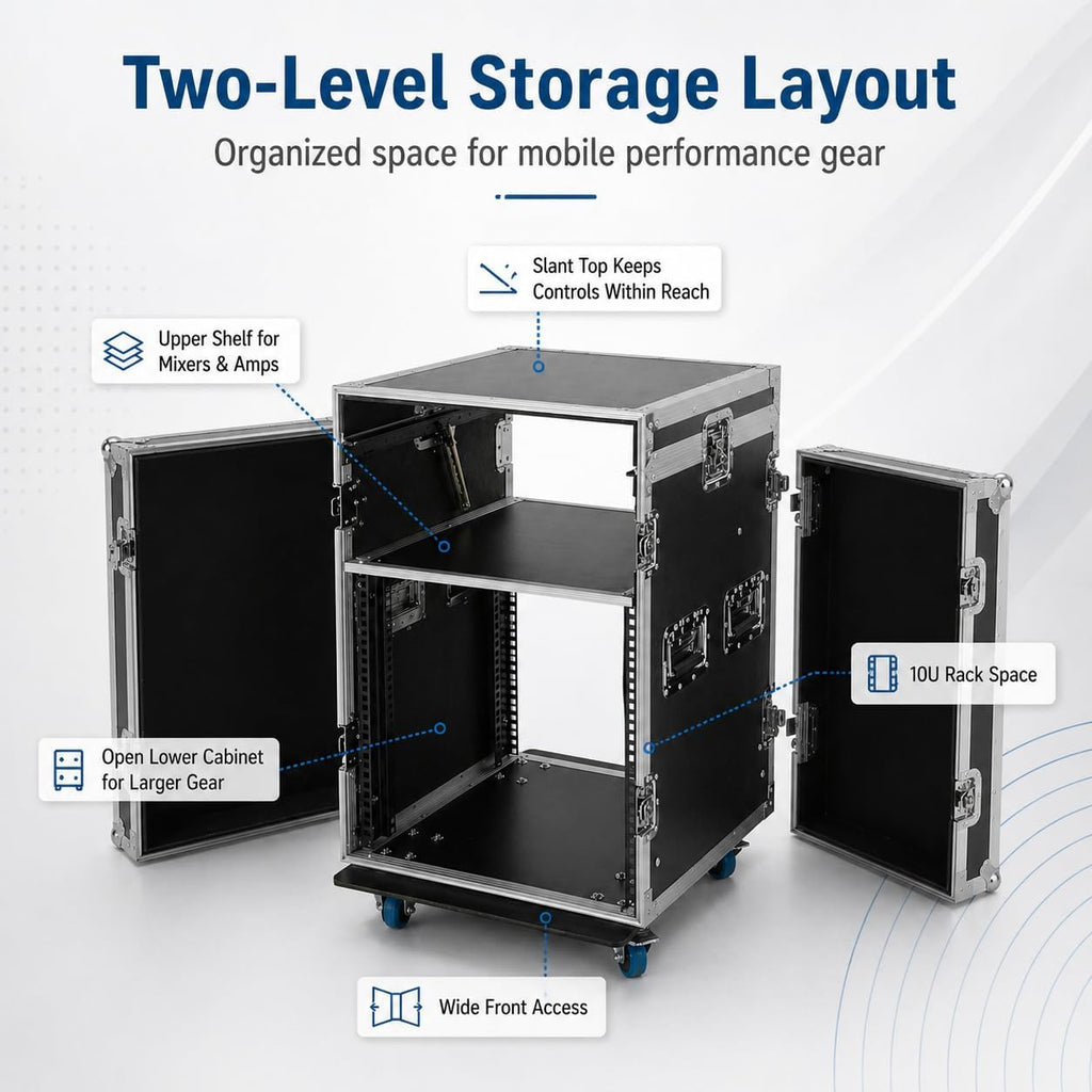 10U PA DJ Pro Audio Rack Road Case with Slant Mixer Top and Casters, DJ Mixer Rack, Pro Tour Grade