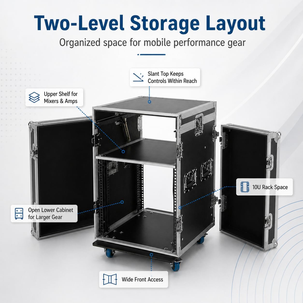 10U PA DJ Pro Audio Rack Road Case with Slant Mixer Top and Casters, DJ Mixer Rack, Pro Tour Grade