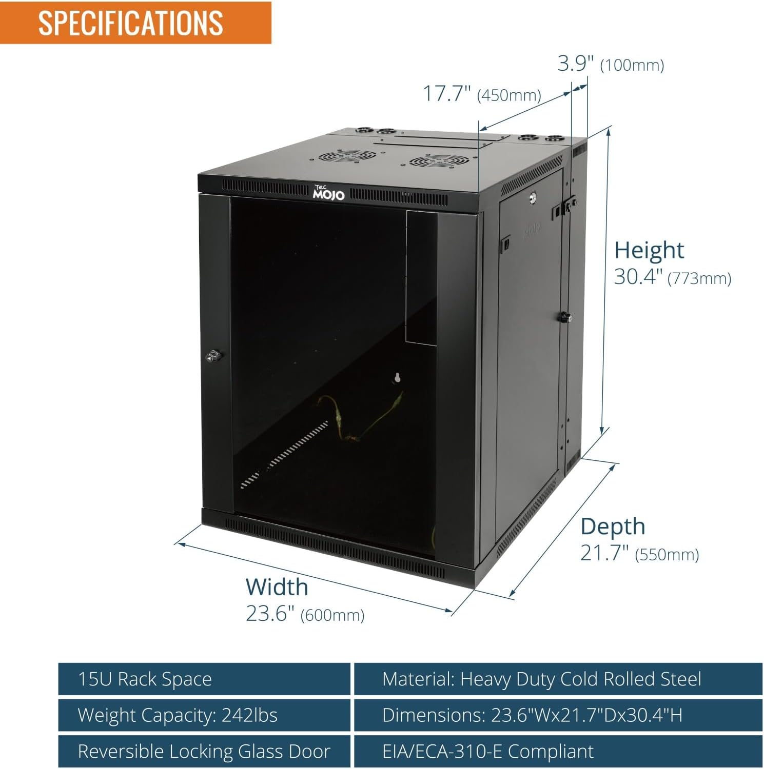 Tecmojo Fully Welded Server Cabinet, 15U Wall Mount Rack, 21.7inch Depth Network Rack, Glass Door, Swing Out, Load Bearing 242lbs (110 kg), Network Cabinet for 19in Computer/AV/Data/IT Equipment