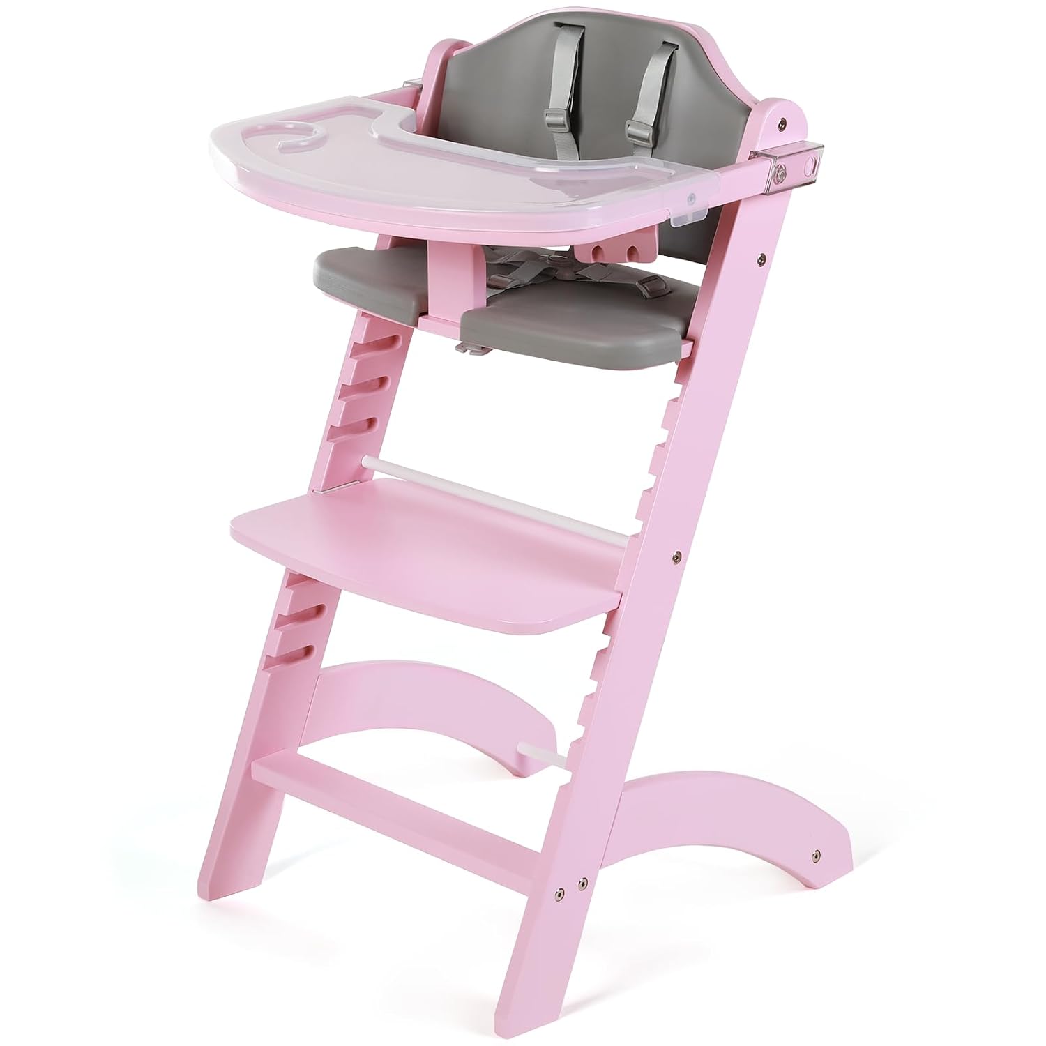 Cowiewie New Upgrade 3-in-1 Convertible Wooden High Chair for Babies & Toddlers 10 Levels Adjustable 3-Tier Remove 2 Waterproof Cozy Cushions Pink