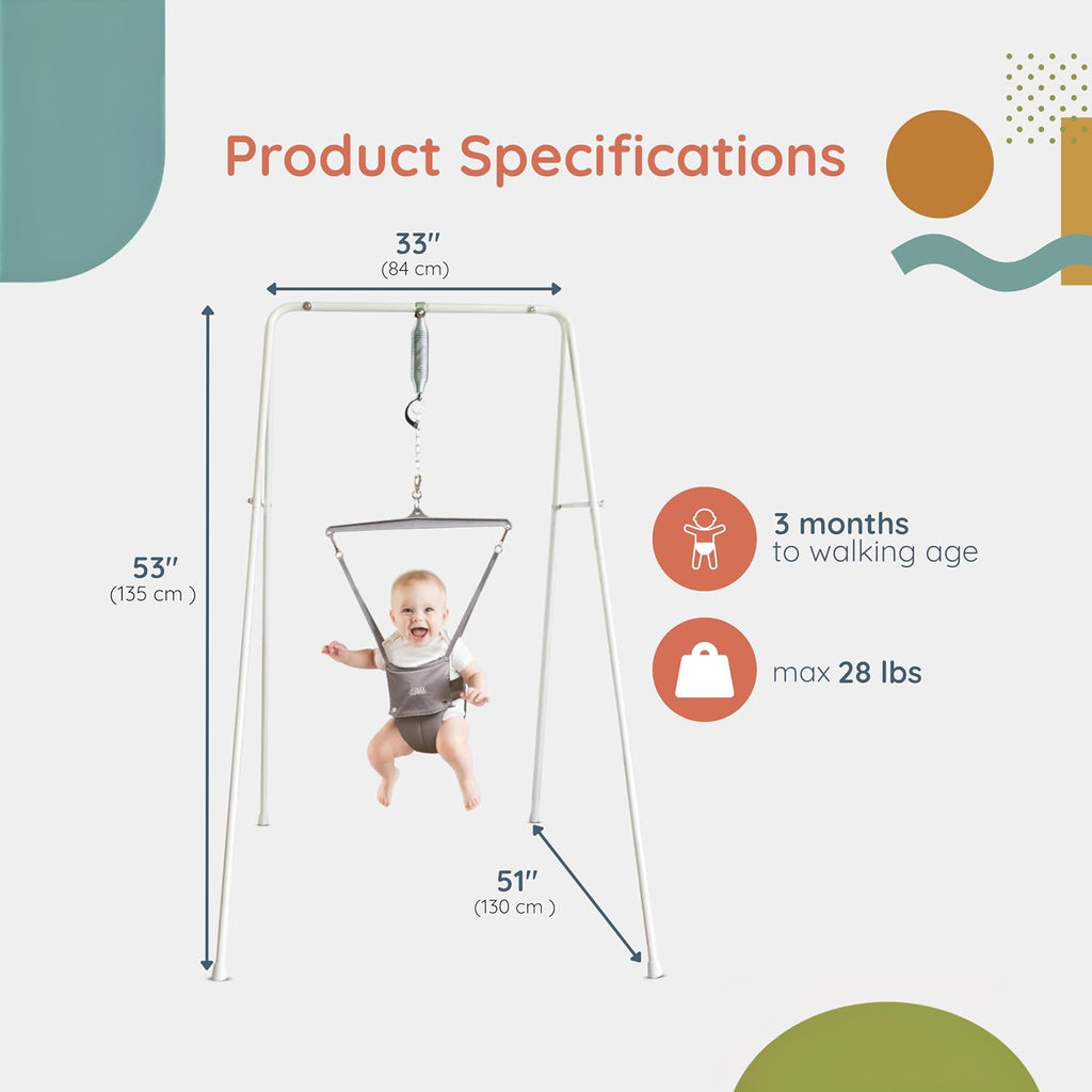 Jolly Jumper Classic (Grey) with Stand - Original Baby Jumper, Indoor and Outdoor Exercise Saddle Seat, Adjustable Height, for Infants up to 28lbs