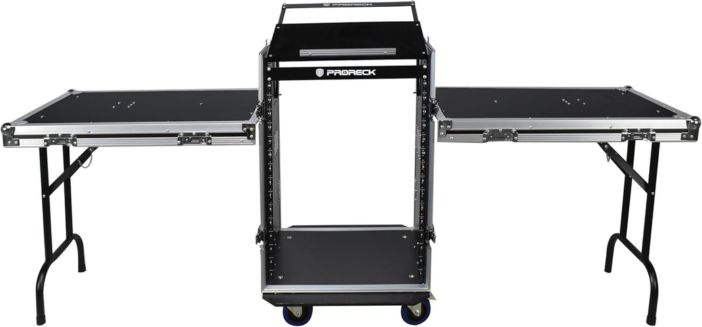 PRORECK 16U Rack/Road Case With Slant Mixer Top, Two Side Table And Casters, 20'' Rackable Depth, Plywood, 16U Installation Size, Pro Stage Performance.