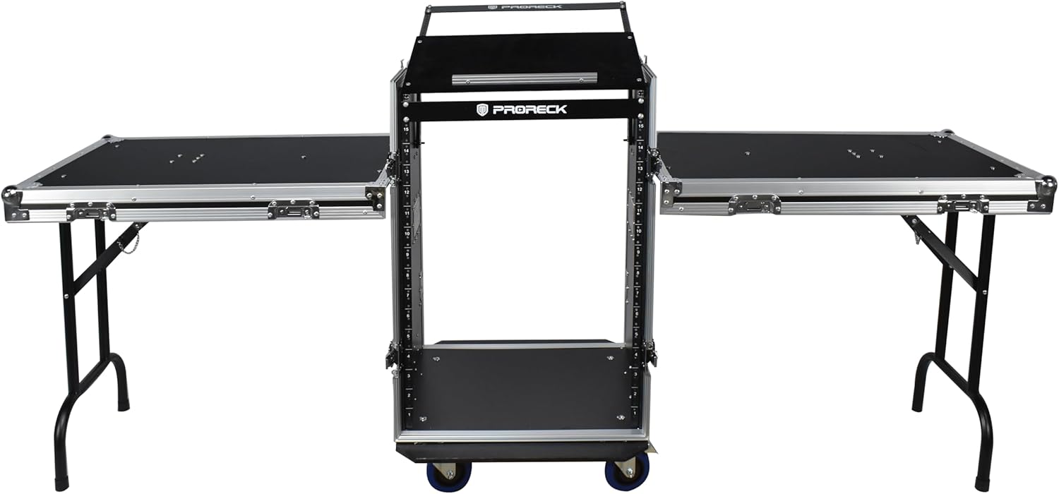 PRORECK 16U Rack/Road Case With Slant Mixer Top, Two Side Table And Casters, 20'' Rackable Depth, Plywood, 16U Installation Size, Pro Stage Performance.