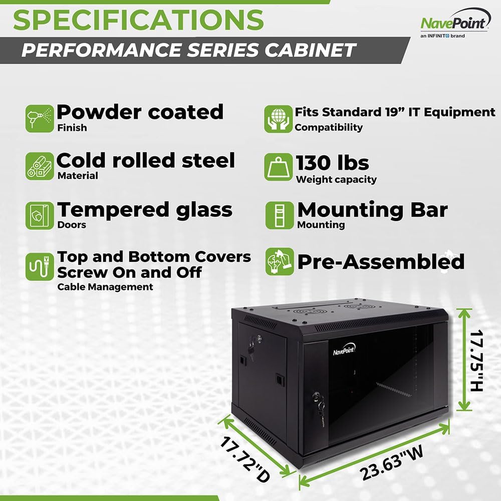 NavePoint 6U Server Cabinet Wall Mount Rack Enclosure Includes 2 Fans, Locking Glass Door, Removable Side Panels – 6U Network Cabinet 17.7' Deep, 19 Inch Server Rack for IT and A/V Equipment