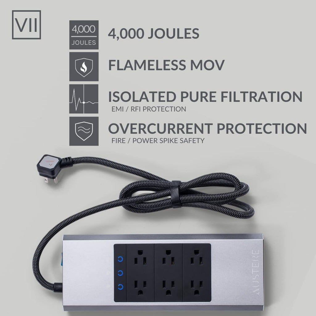 Austere VII Series, 6 Outlet Surge Protector Power Strip, 4000 Joules, Isolated EMI/RFI Filtering, 1 USB-C 45W Fast Charger, 2 USB-C and 2 USB-A 2.4 amp Ports, 7 Year Component Guarantee