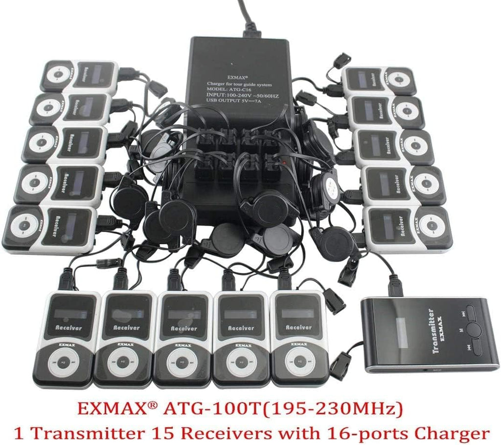 EXMAX® ATG-100T 195MHz Wireless Tour Guide System Simultaneous Translation Interpreting Equipment for Church Translator in Your Ear Translation Devices 1 Transmitter 15 Receivers Charge Station