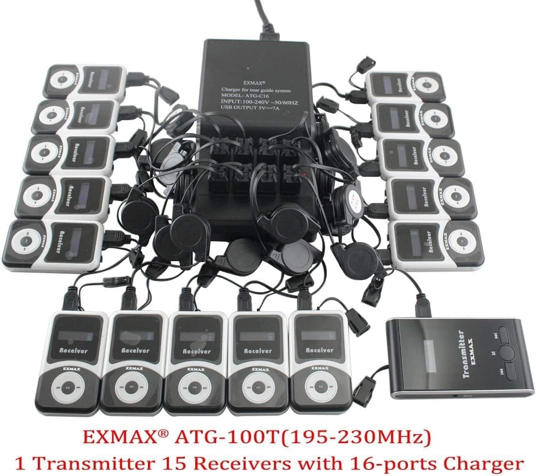EXMAX® ATG-100T 195MHz Wireless Tour Guide System Simultaneous Translation Interpreting Equipment for Church Translator in Your Ear Translation Devices 1 Transmitter 15 Receivers Charge Station
