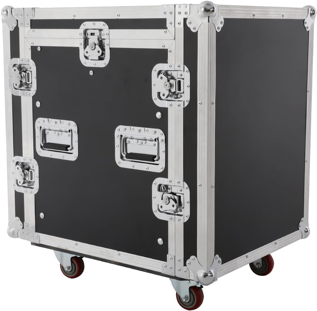 14U PA DJ Pro Audio Rack/Road ATA Case, Heavy-Duty Plywood Av Rack Case with Casters, Mobile 2 Tiers Studio Rack for Storing Electronic