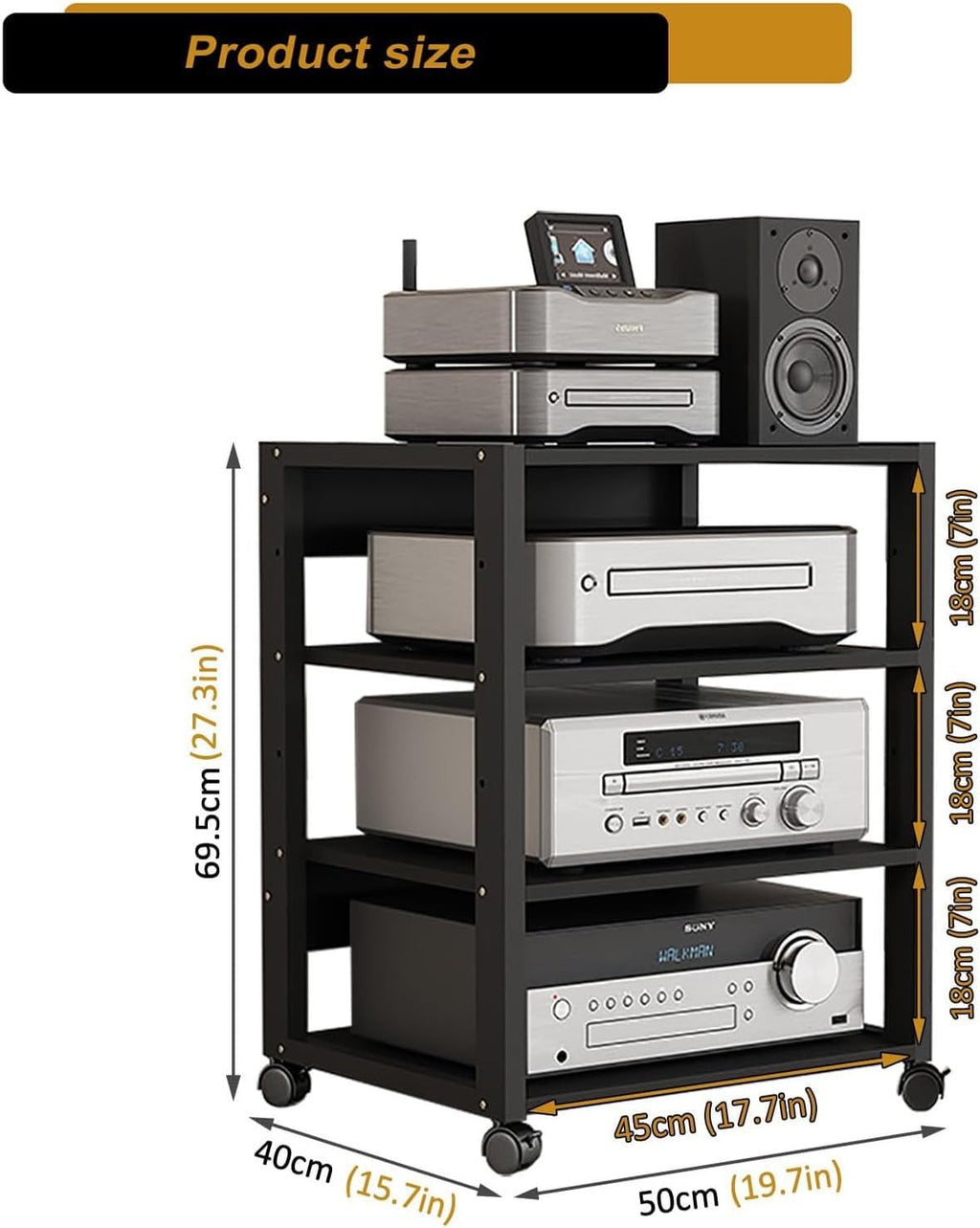 4 Tier AV Media Stand, Audio Rack Tower Stereo Components Cabinet, Home Theatre CD Record Player Stereo Receiver Equipment Rack with Adjustable Wood Shelves, Load 220lbs (Black)